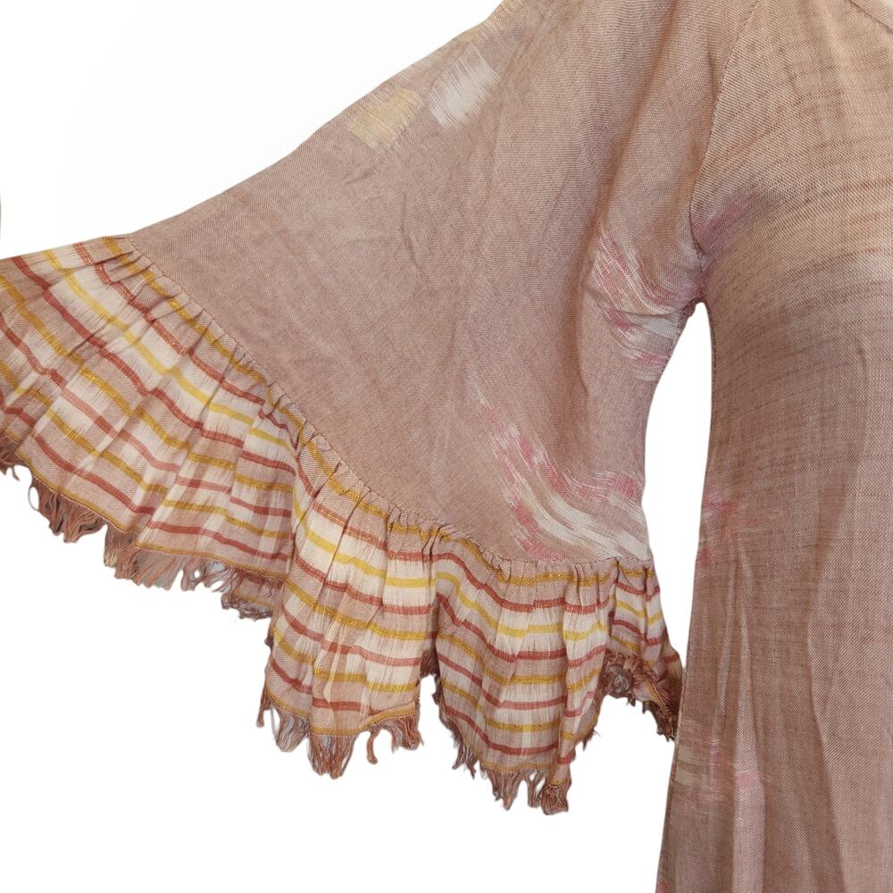 ERIKA PENA Tribal E Margarita Long Ikat maxi fringe ruffle dress in caffe XS NEW - Picture 4 of 9